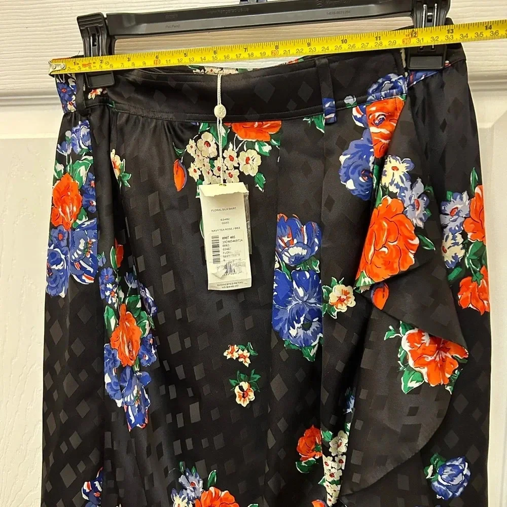 Tory Burch Womens Ruffled Floral Silk Jacquard Skirt 6 Navy Tea Rose - NWT $498